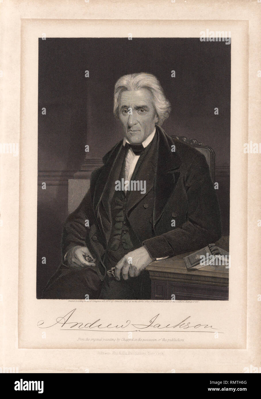 Andrew Jackson (1767-1845), Settimo Presidente degli Stati Uniti, seduto ritratto, incisione da un dipinto originale di Alonzo Chappel, Johnson, Fry & Co., 1870 Foto Stock