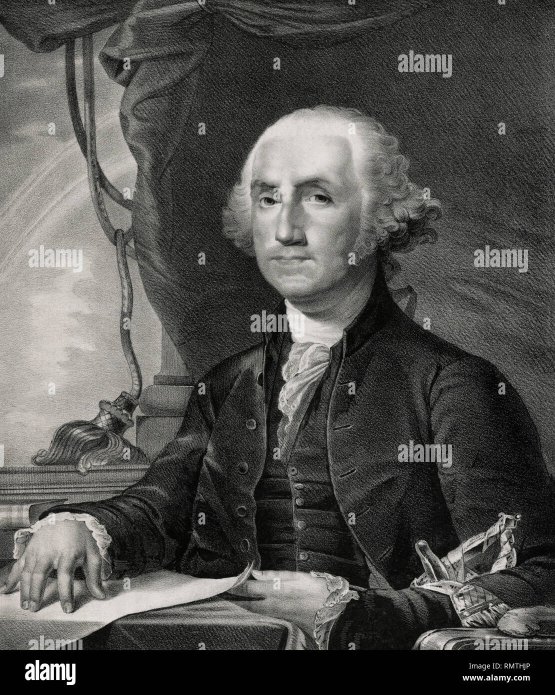 George Washington (1732-99), il primo Presidente degli Stati Uniti, Half-Length seduto ritratto, litografo e pubblicato da Endicott e Swett, 1830 Foto Stock