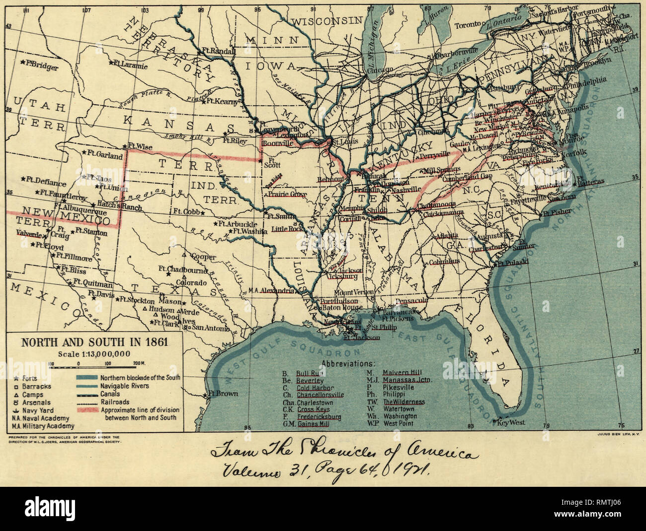 Mappa durante la Guerra Civile Americana, il nord e il Sud nel 1861, The Chronicles of America, 1921, Foto Stock