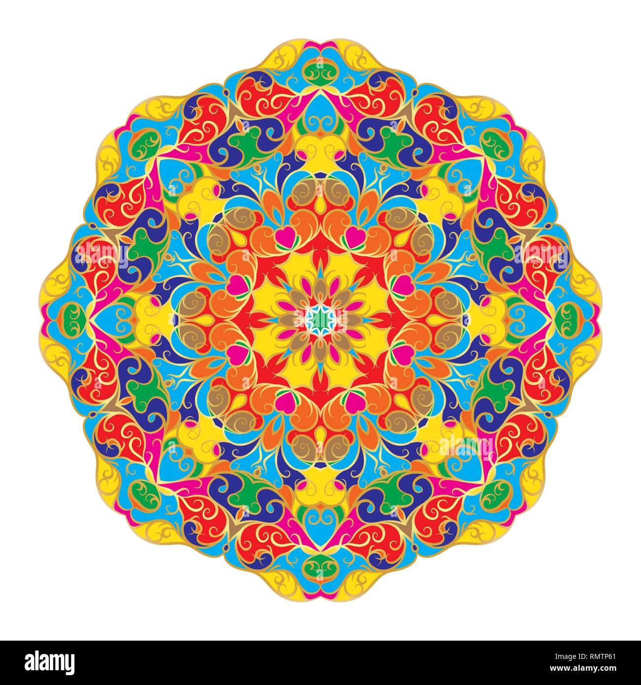 Ornati, mandala orientale con contorno d'oro. Vector round ornamento colorato in toni di marrone isolato su uno sfondo bianco. Illustrazione Vettoriale