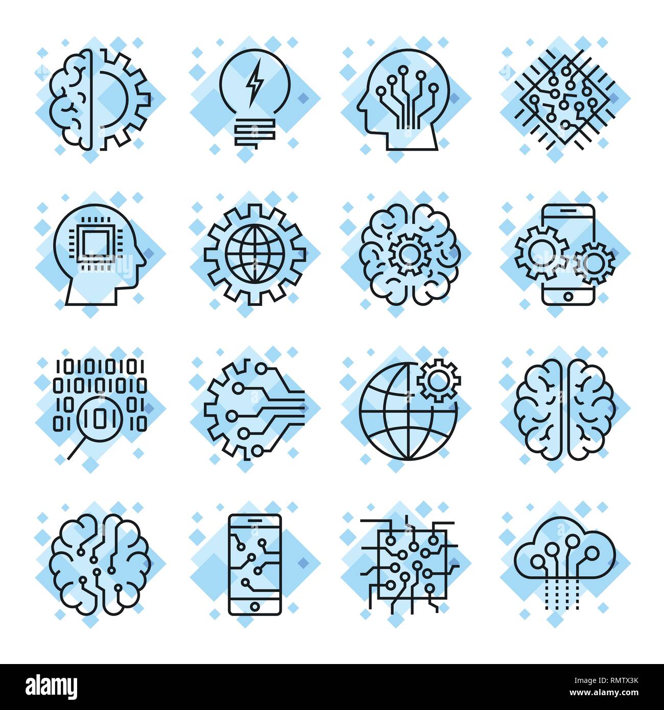 Imposta icona per intelligenza artificiale concetto ai vari simboli. Illustrazione Vettoriale