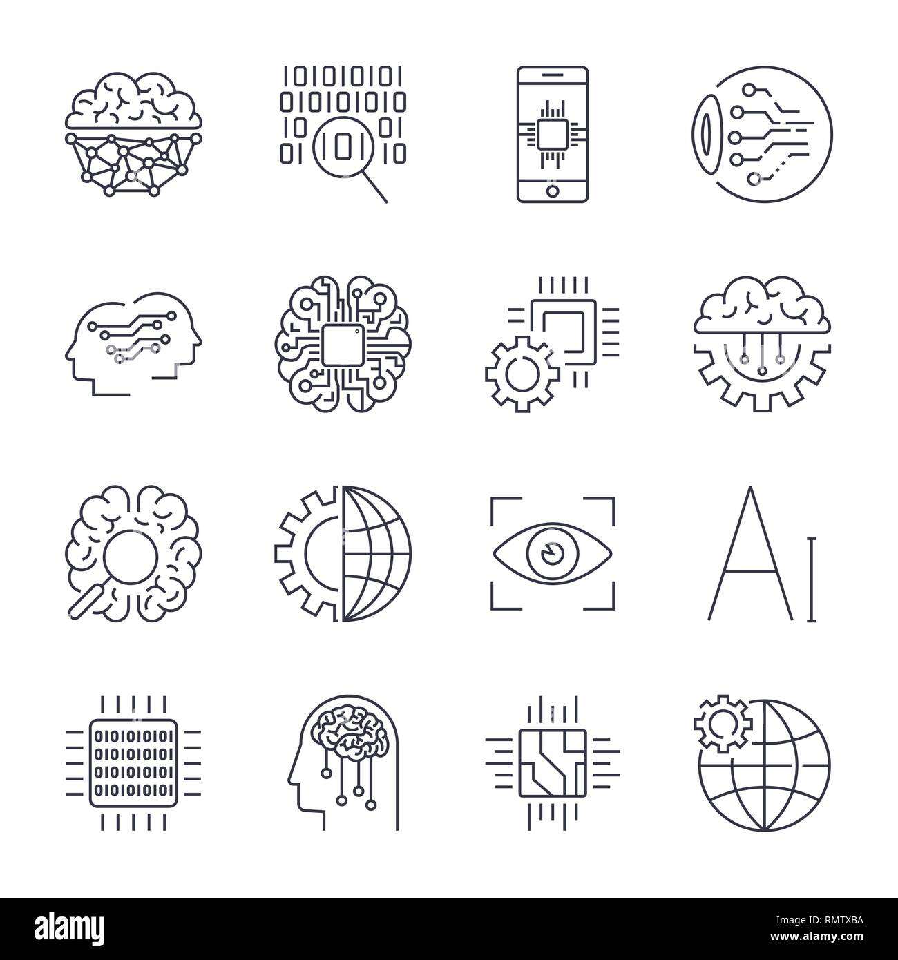Set di icone per intelligenza artificiale il concetto di intelligenza artificiale. Intelligenza artificiale ai line icone. Innovazione della tecnologia di produzione e di programmazione. Modificabile Illustrazione Vettoriale
