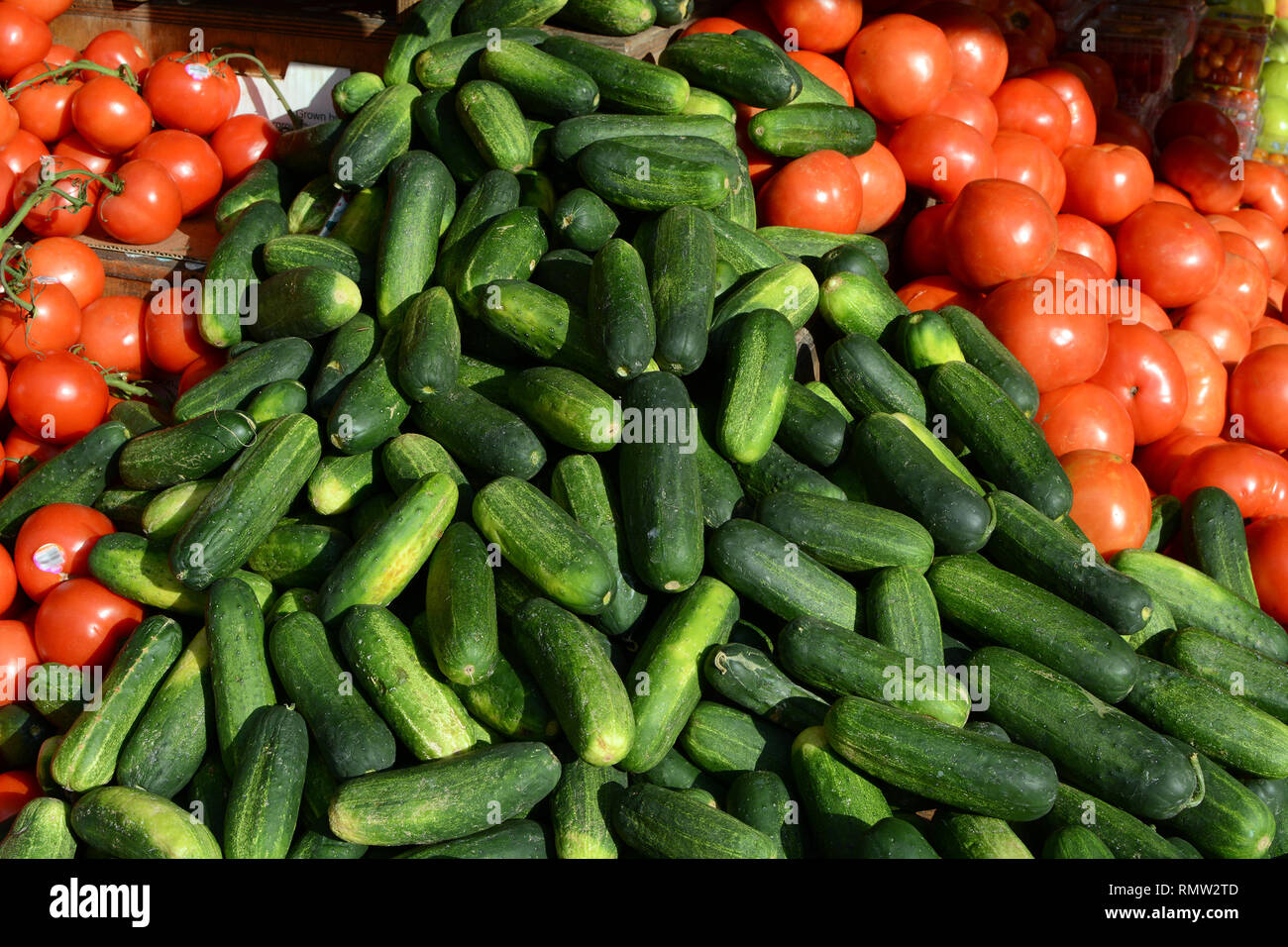 Pila di cetrioli su un display vegetali al di fuori di un Corner Store Foto Stock