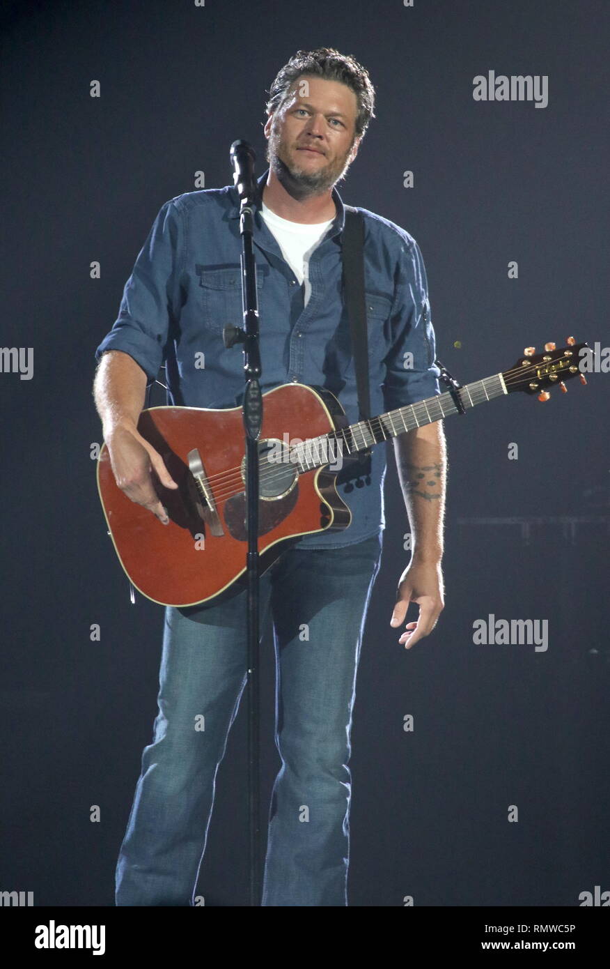 Musicista Blake Shelton è mostrato esibirsi sul palco durante un 'live' aspetto di concerto. Foto Stock