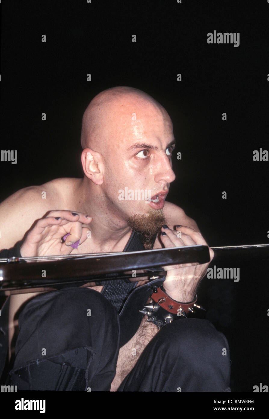 Il bassista Shavarsh 'Shavo' Odadjian hard rock band sistema di un Down è mostrato esibirsi sul palco durante 'live' aspetto di concerto. Foto Stock