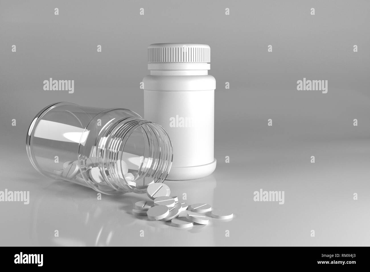 Pills fuoriuscita di pillola bottiglia su sfondo bianco Foto Stock