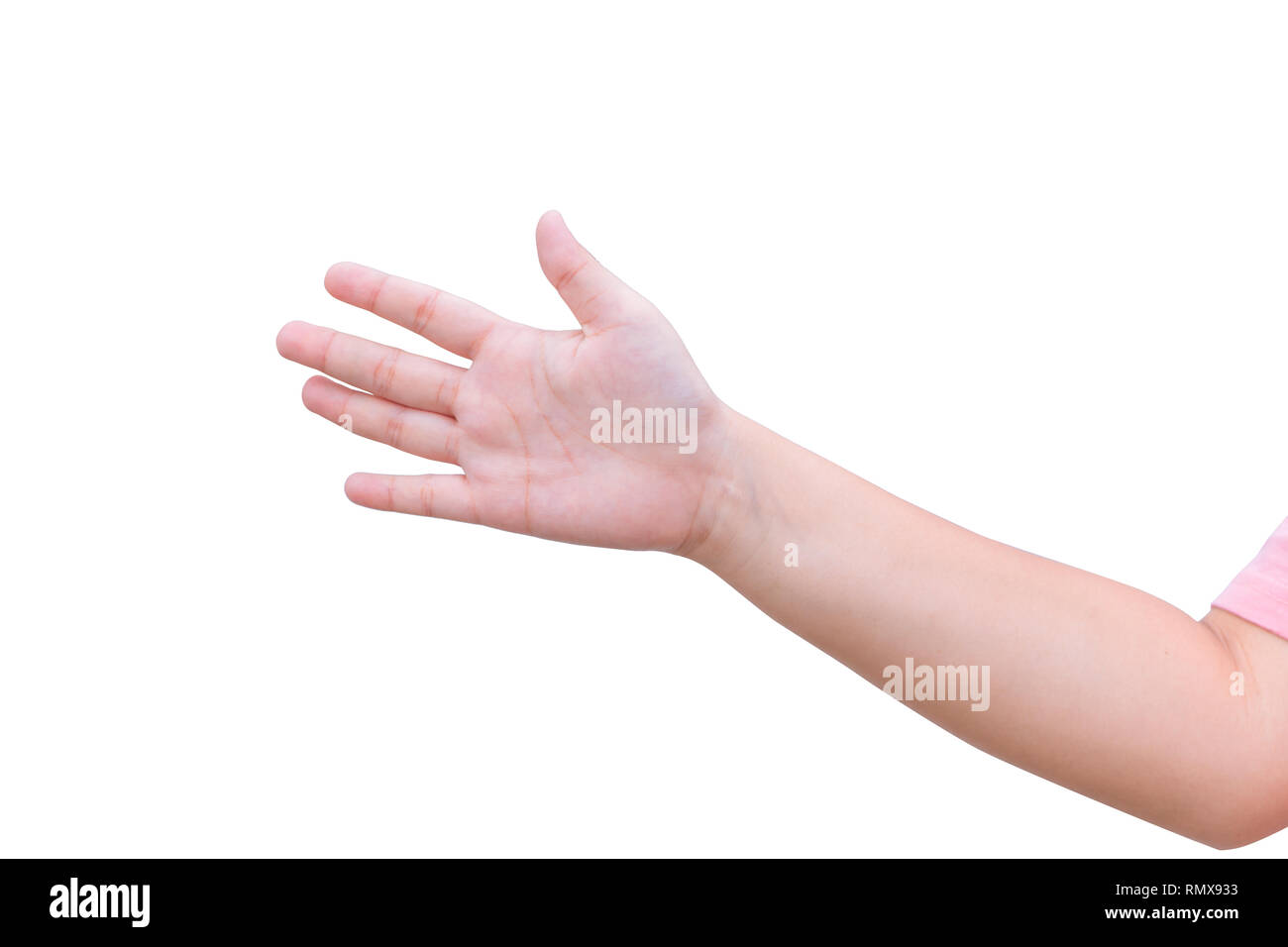 Ragazza mano grassa aprire palm isolati su sfondo bianco Foto Stock