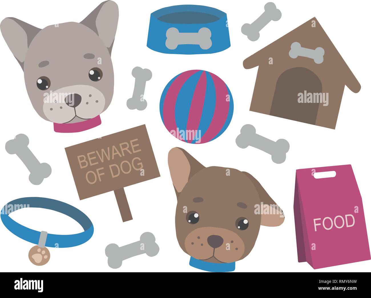 Cartoon vettore collezione set con teste di cucciolo, ossa, casa, giocattolo, cibo, collare e ossa Illustrazione Vettoriale