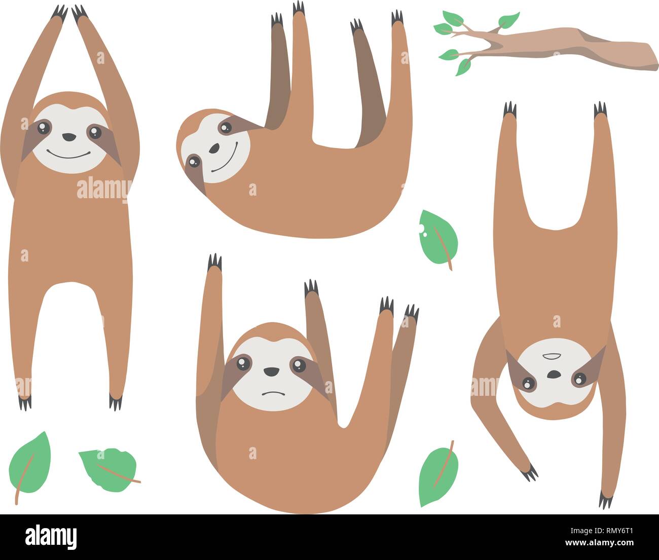Bradipo raccolta di isolato divertente stile cartoon bradipi animali tropicali illustrazioni vettoriali Illustrazione Vettoriale