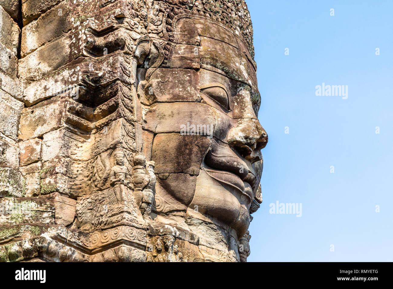 Pietre sorridente al tempio Bayon Cambogia Foto Stock