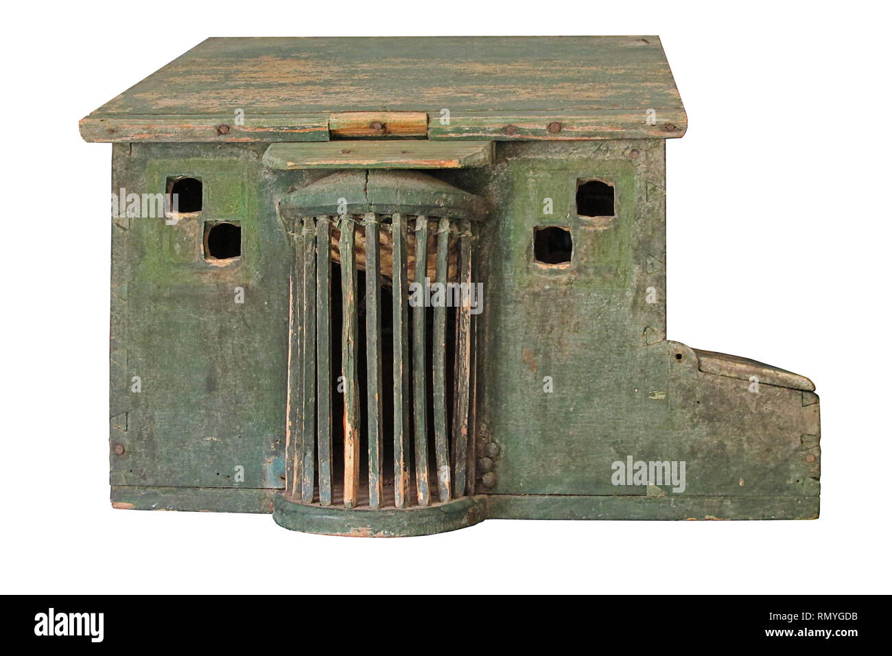 Antica gabbia per uccelli in legno contenitore di trasporto Foto Stock