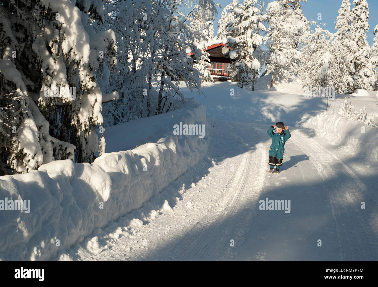 La Svezia, sci può essere un mezzo di trasporto, una attività ricreative o un competitivo sport invernali in cui il partecipante utilizza gli sci a scivolare sulla neve. Foto Stock