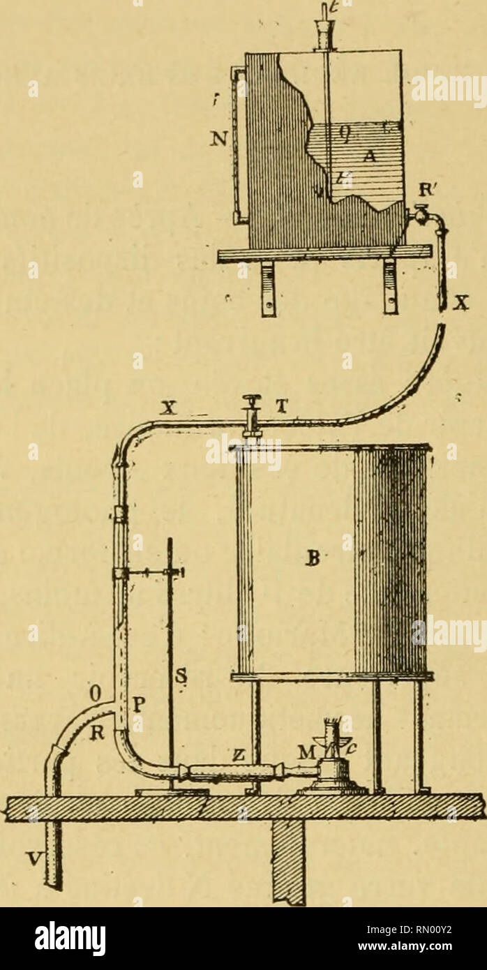 . Annales de micrographie. - 368 - liquide parvient au brûleur M d'après le principe des vases communiquants. Si, pendant le réglage, l'alcool arrivare par esempio avec trop d'Abondance, le eccedenze di de cet alcool s'écoule par la tubulure R, et le tube de caucciù V dans un récipient inférieur situé sous la paillasse du labo- ratoire. Afin d'éviter les pressions qui pourraient amener. Fig. 1. - Bain cliauCTc à Falcool un, Réservoir à l'alcool. - ^f, tubo de Mariotle. - N, tubo gradué indiquant le niveau du liquide. - R, Robinet d'écoulement. - XX, tubo de caucciù abducleur.- ROI', tubo à trois b Foto Stock