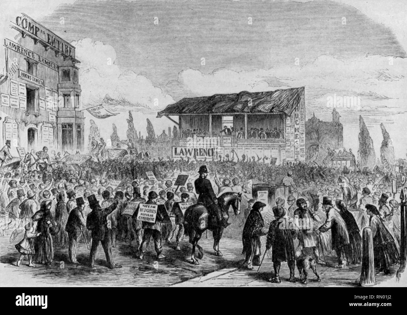 Un candidato che parla dalle marchette alle elezioni, 1865. Le elezioni generali del Regno Unito del 1865 hanno visto i liberali, guidati da Lord Palmerston, aumentare la loro grande maggioranza sui conservatori del Conte di Derby a 80. Il partito Whig ha cambiato nome in partito liberale tra le precedenti elezioni e questa. Foto Stock