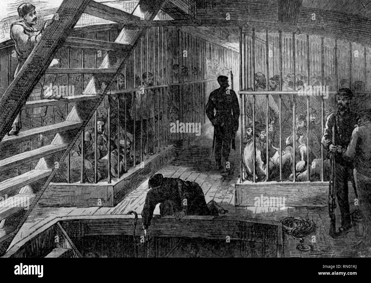 Caged prigionieri in una nave da trasporto sul modo di Australia, xix secolo. Tra il 1788 e il 1868, circa 162,000 detenuti sono stati trasportati dalla Gran Bretagna a varie colonie penali in Australia. Foto Stock
