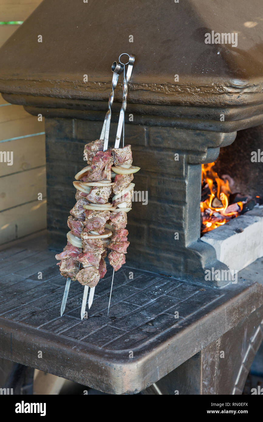 La carne cruda e la cipolla per kebab infilati su spiedini vicino al  barbecue Piscina Foto stock - Alamy