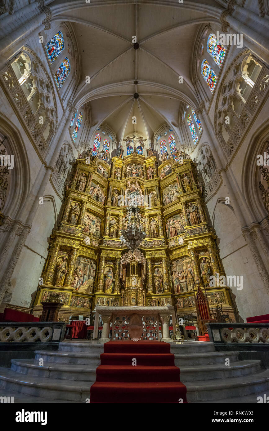 Burgos, Spagna - 24 Marzo 2017. Pala di Martin e Rodrigo de la Haya dalla cappella principale o Capilla Mayor nella Cattedrale di Santa Maria di Burgos (Sa Foto Stock