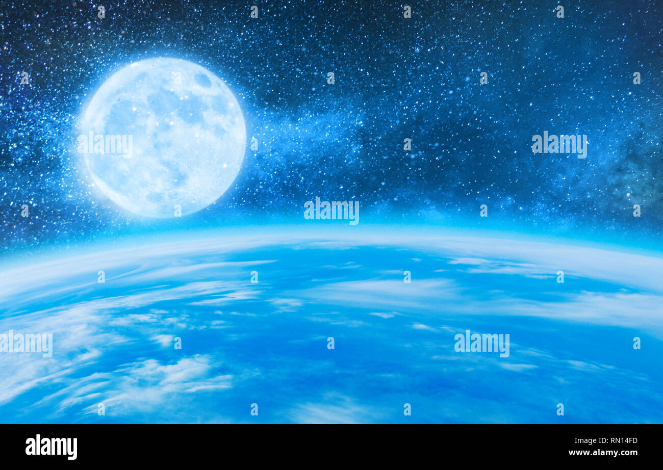 Terra Blu e luna con cielo stellato, vista dallo spazio Foto Stock