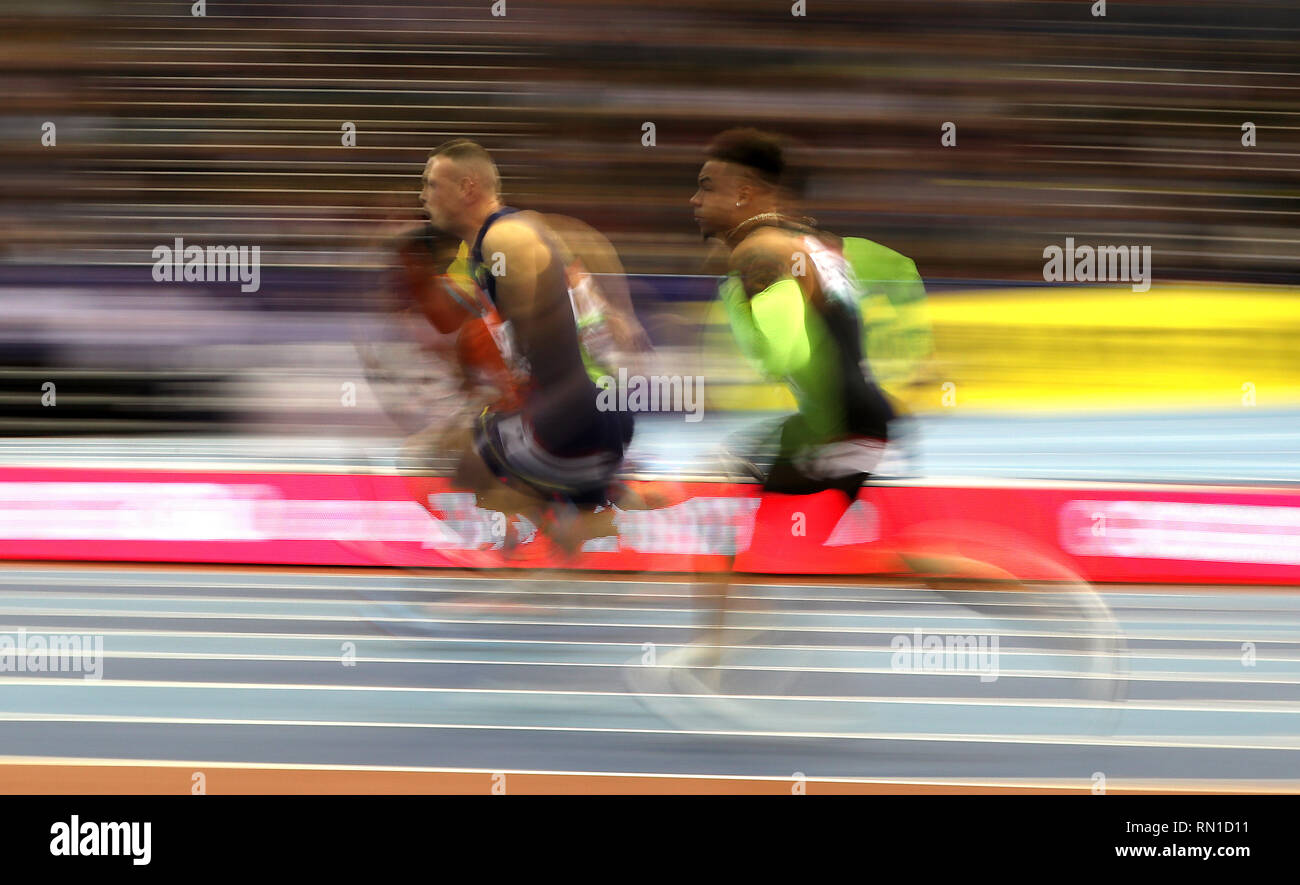 Gran Bretagna Richard Kilty durante l'uomo 60 metri di gara durante la Muller Indoor Grand Prix a Arena di Birmingham. Foto Stock