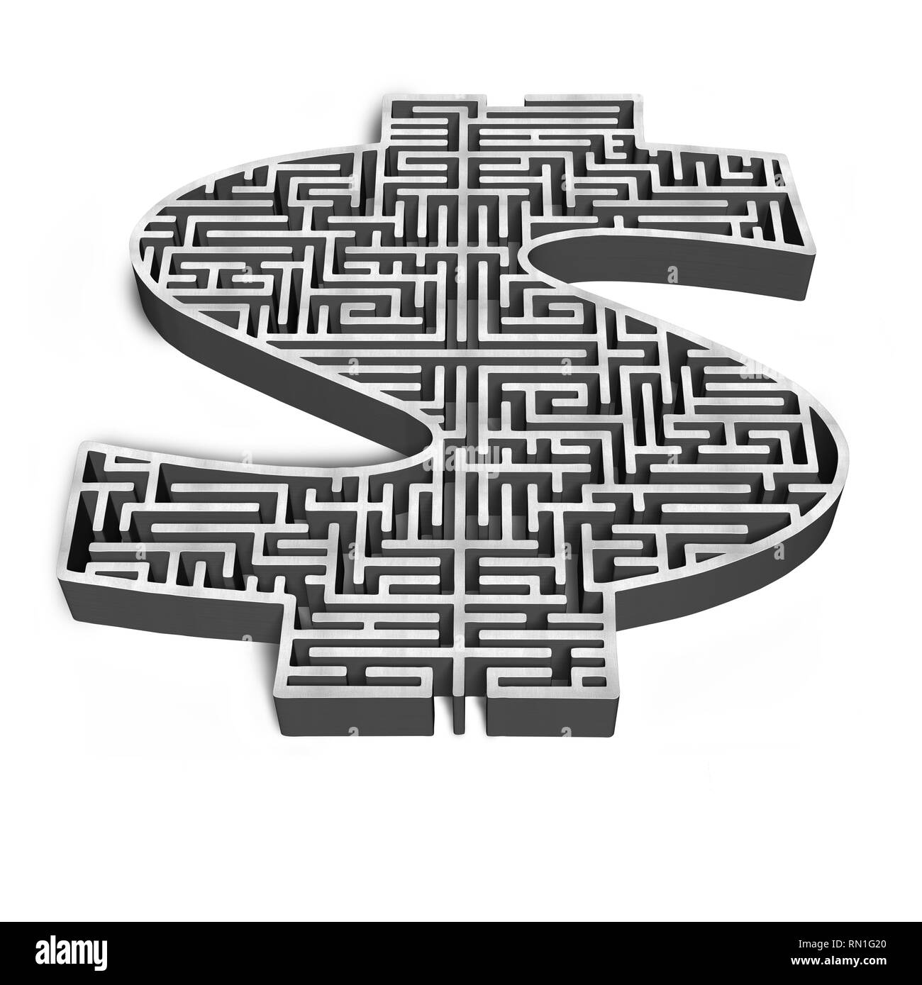 Simbolo di denaro forma 3d labirinto isolato in uno sfondo bianco Foto Stock