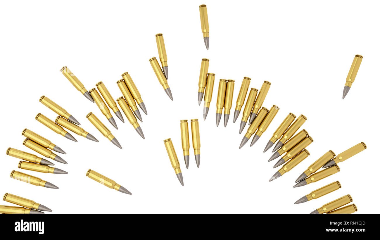 3D render illustrazione di shiny golden bullets cartucce recante sullo sfondo bianco a forma di cerchio. Pericolo caccia al concetto di arma da fuoco isolare Foto Stock