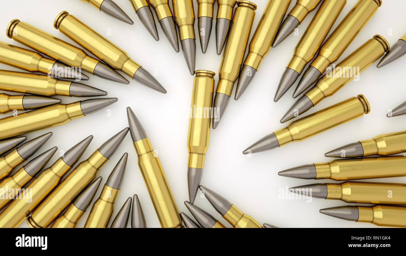 3D render illustrazione di shiny golden bullets cartucce posa su uno sfondo bianco. Pericolo caccia al concetto di arma da fuoco isolare a tenuta closeup Foto Stock