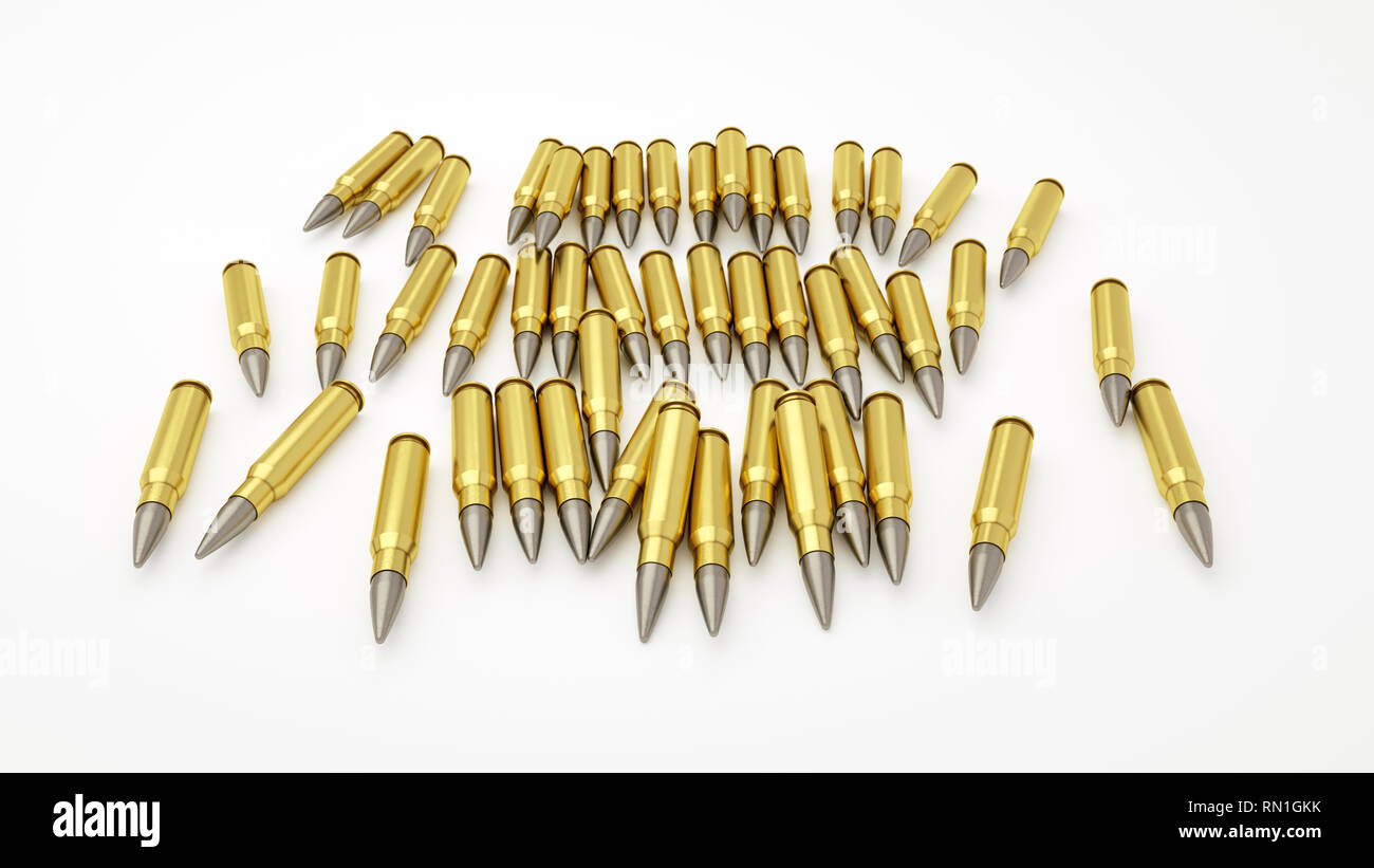 3D render illustrazione di shiny golden bullets cartucce posa su uno sfondo bianco. Pericolo caccia al concetto di arma da fuoco isolare Foto Stock