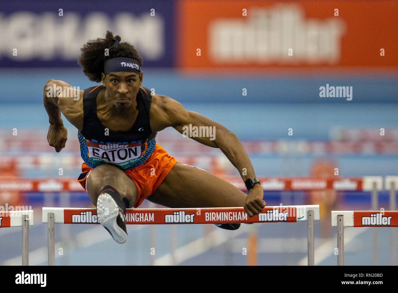 Arena Birmingham, Birmingham, Regno Unito. Xvi Feb, 2019. Muller Indoor Grand Prix atletica; Jarrett Eaton fermi un ostacolo sul percorso per vincere la mens 60m Ostacoli Credito: Azione Sport Plus/Alamy Live News Foto Stock