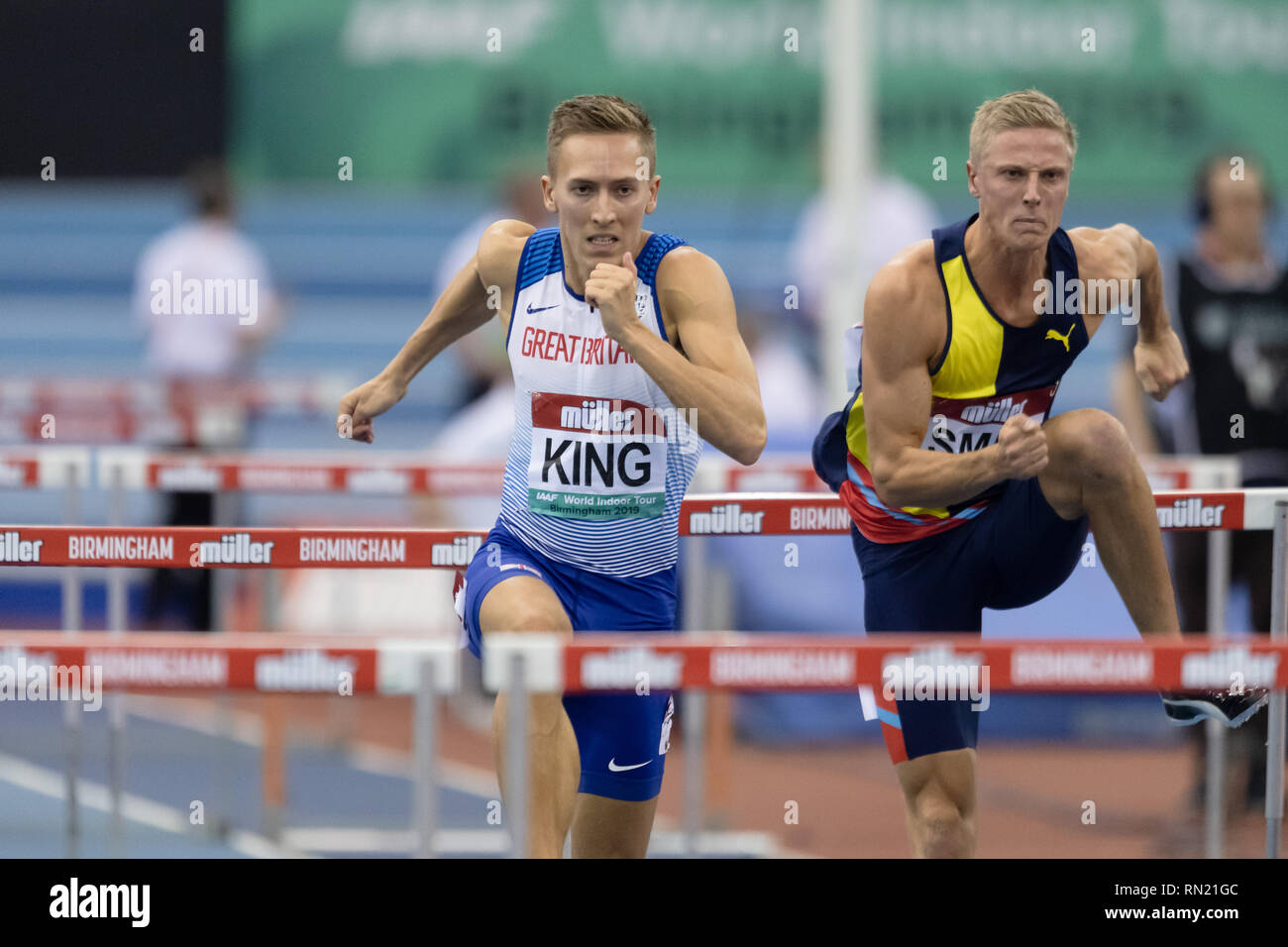 David Tipo in Uomini 60m ostacoli durante il Muller Indoor Grand Prix Birmingham 2019 all'Arena Birmingham su Sabato, 16 febbraio 2019. BIRMINGHAM INGHILTERRA. (Solo uso editoriale, è richiesta una licenza per uso commerciale. Nessun uso in scommesse, giochi o un singolo giocatore/club/league pubblicazioni.) Credito: Taka G Wu Foto Stock