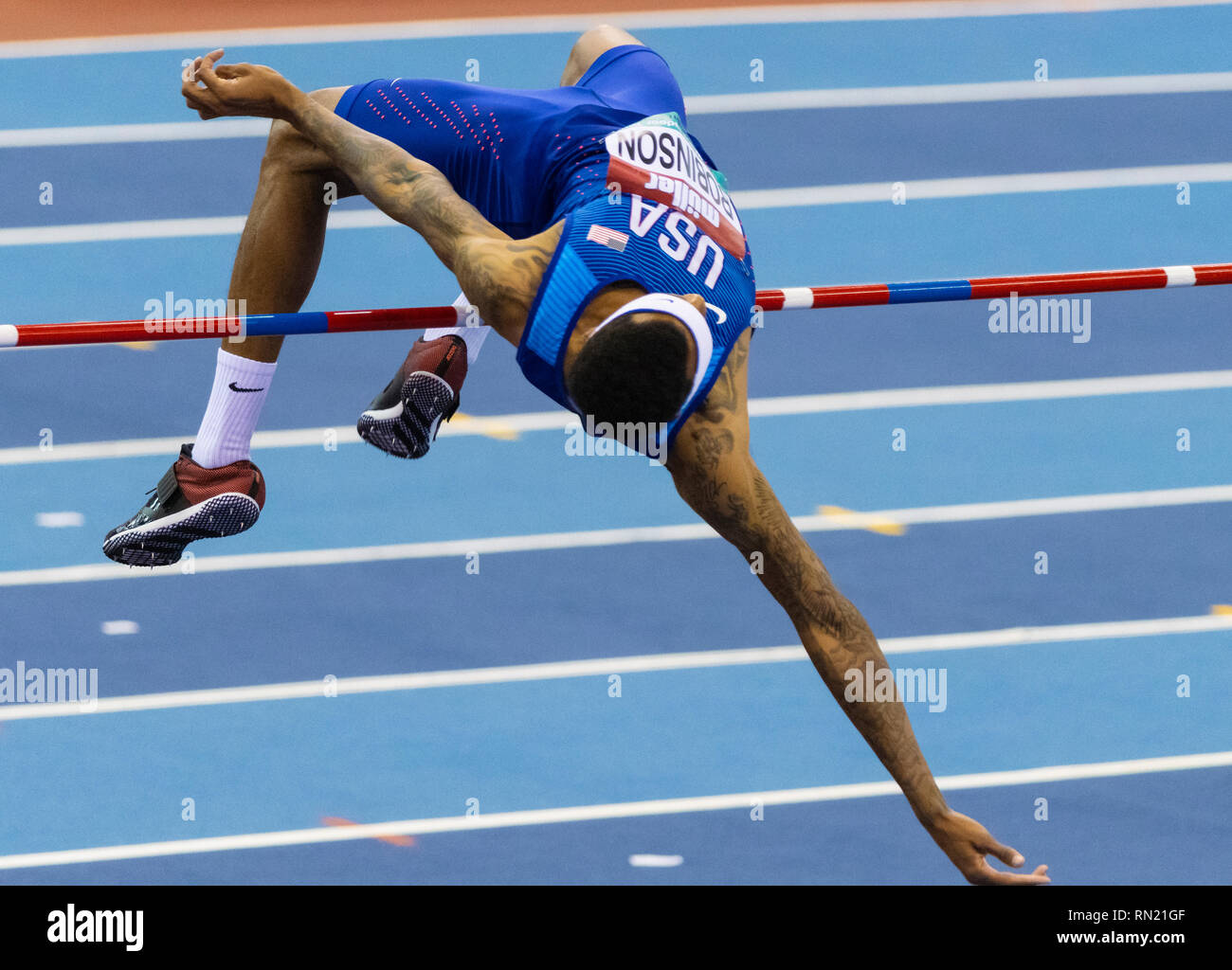 Muller Indoor Grand Prix 2019 Birmingham, Inghilterra : JERON ROBINSON nella mens salto in alto durante il Muller Indoor Grand Prix 2019 L'Arena Birmingham il 16 febbraio 2019 a Birmingham, Inghilterra. Foto Stock
