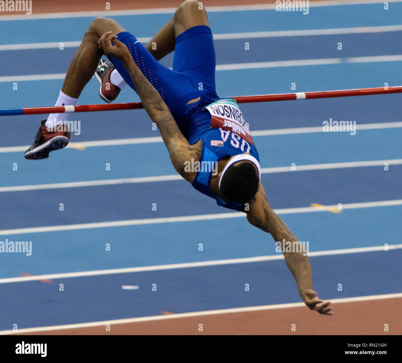 Muller Indoor Grand Prix 2019 Birmingham, Inghilterra : JERON ROBINSON nella mens salto in alto durante il Muller Indoor Grand Prix 2019 L'Arena Birmingham il 16 febbraio 2019 a Birmingham, Inghilterra. Foto Stock