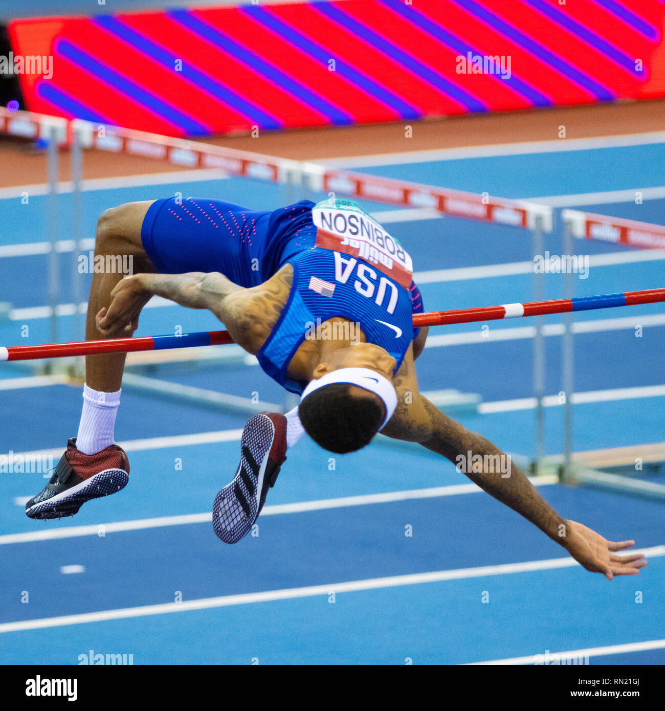 Muller Indoor Grand Prix 2019 Birmingham, Inghilterra : JERON ROBINSON nella mens salto in alto durante il Muller Indoor Grand Prix 2019 L'Arena Birmingham il 16 febbraio 2019 a Birmingham, Inghilterra. Foto Stock