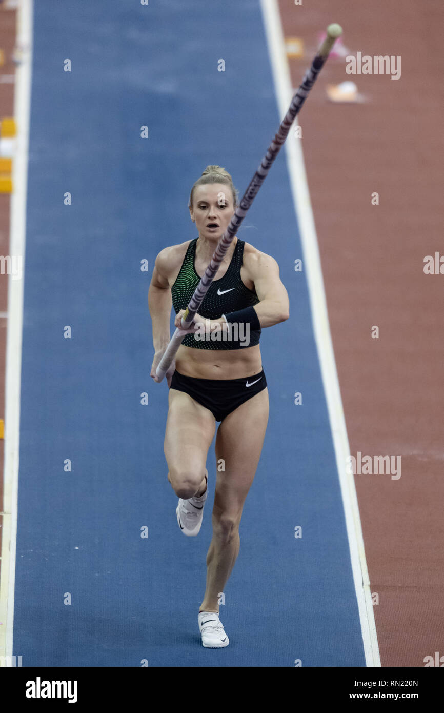 Birmingham, Regno Unito. Il 16 febbraio 2019. Nikoleta Kiriakopoulou della Grecia nelle donne il Polo Vault durante la finale Muller Indoor Grand Prix Birmingham 2019 all'Arena Birmingham su Sabato, 16 febbraio 2019. BIRMINGHAM INGHILTERRA. (Solo uso editoriale, è richiesta una licenza per uso commerciale. Nessun uso in scommesse, giochi o un singolo giocatore/club/league pubblicazioni.) Credito: Taka G Wu Foto Stock