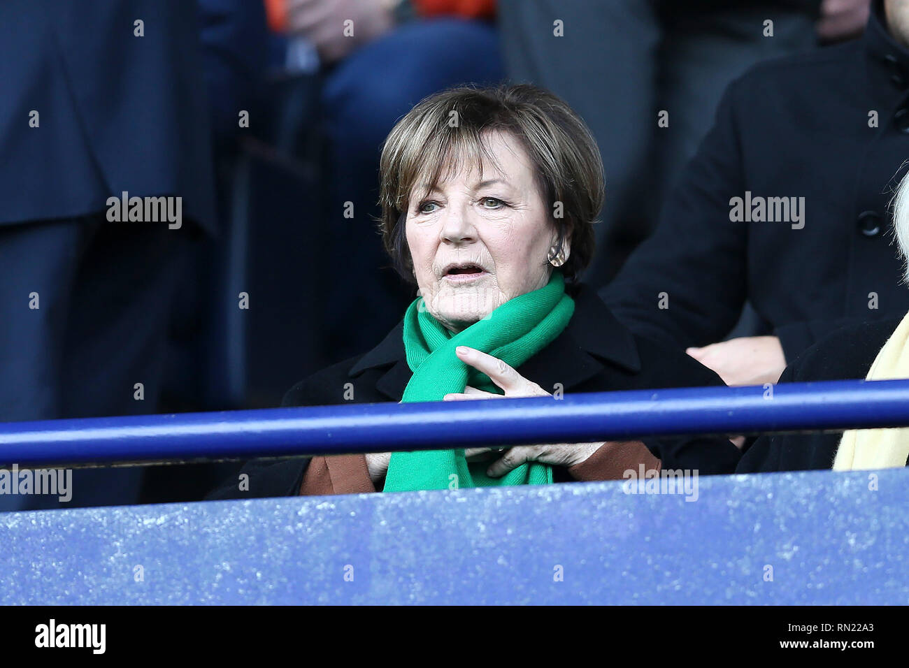 Norwich City azionista di maggioranza Delia Smith prende il suo posto nella casella di direttori. EFL Skybet partita in campionato, Bolton Wanderers v Norwich City presso l Università di Bolton Stadium di Bolton, Lancs sabato 16 febbraio 2019. Questa immagine può essere utilizzata solo per scopi editoriali. Solo uso editoriale, è richiesta una licenza per uso commerciale. Nessun uso in scommesse, giochi o un singolo giocatore/club/league pubblicazioni. pic da Chris Stading/Andrew Orchard fotografia sportiva/Alamy Live news Foto Stock