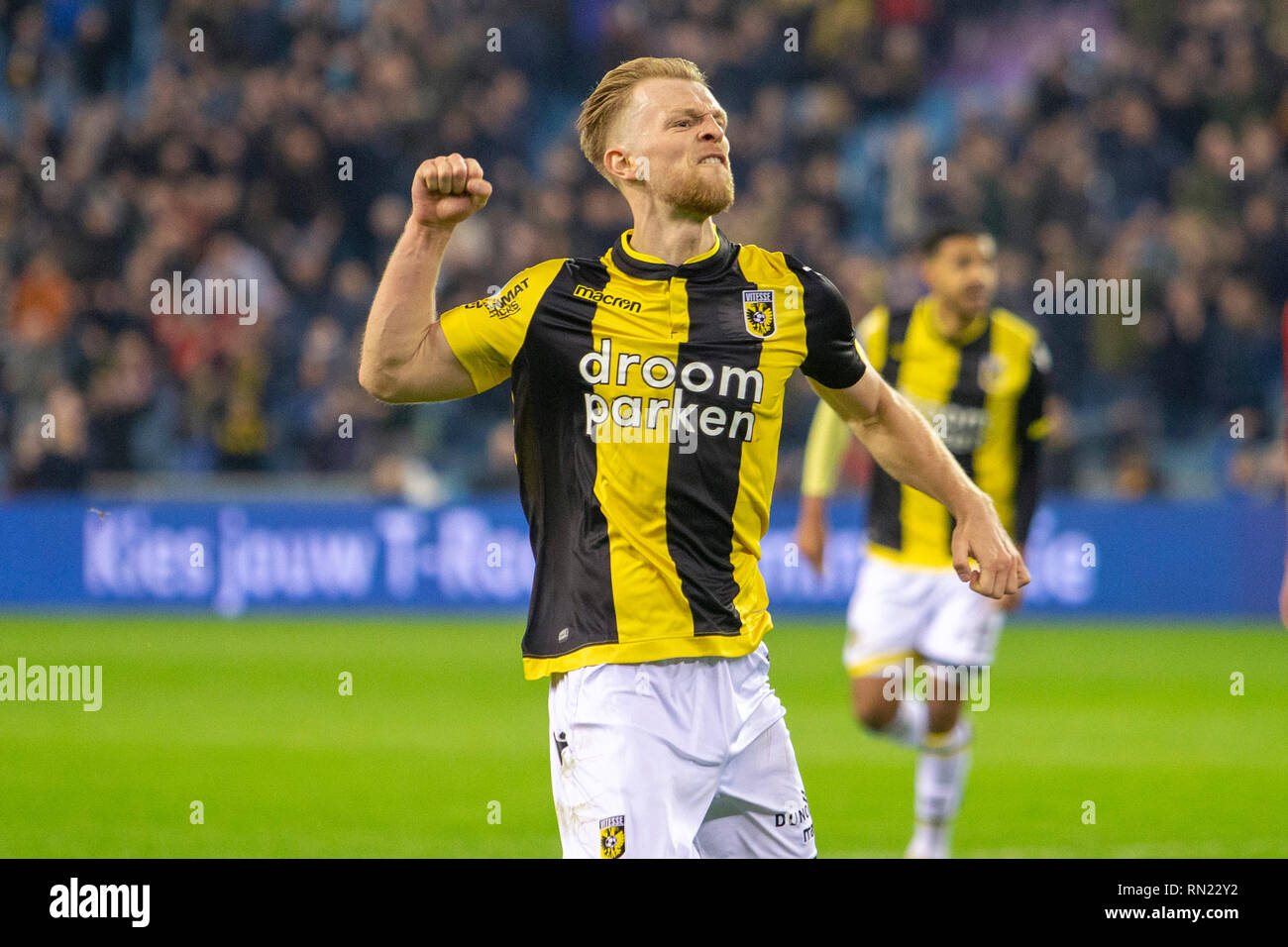 ARNHEM, 16-02-2019, stadio Gelredome, stagione 2018 / 2019, olandese Eredivisie, Vitesse player Max Clark celebra il 3-1 durante il match Vitesse - Willem II Foto Stock