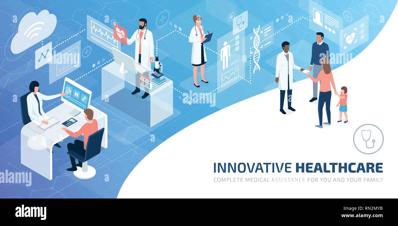 Professionisti medici e pazienti in un ambiente virtuale con le interfacce utente e le schermate, innovativo concetto di assistenza sanitaria Illustrazione Vettoriale