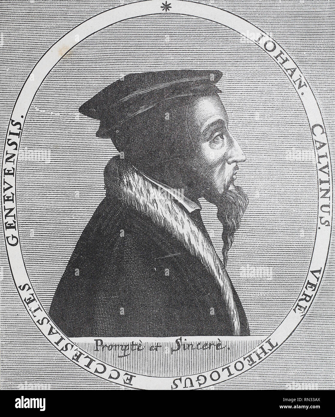 Ritratto di Jean Calvin. Incisione medievale. Foto Stock