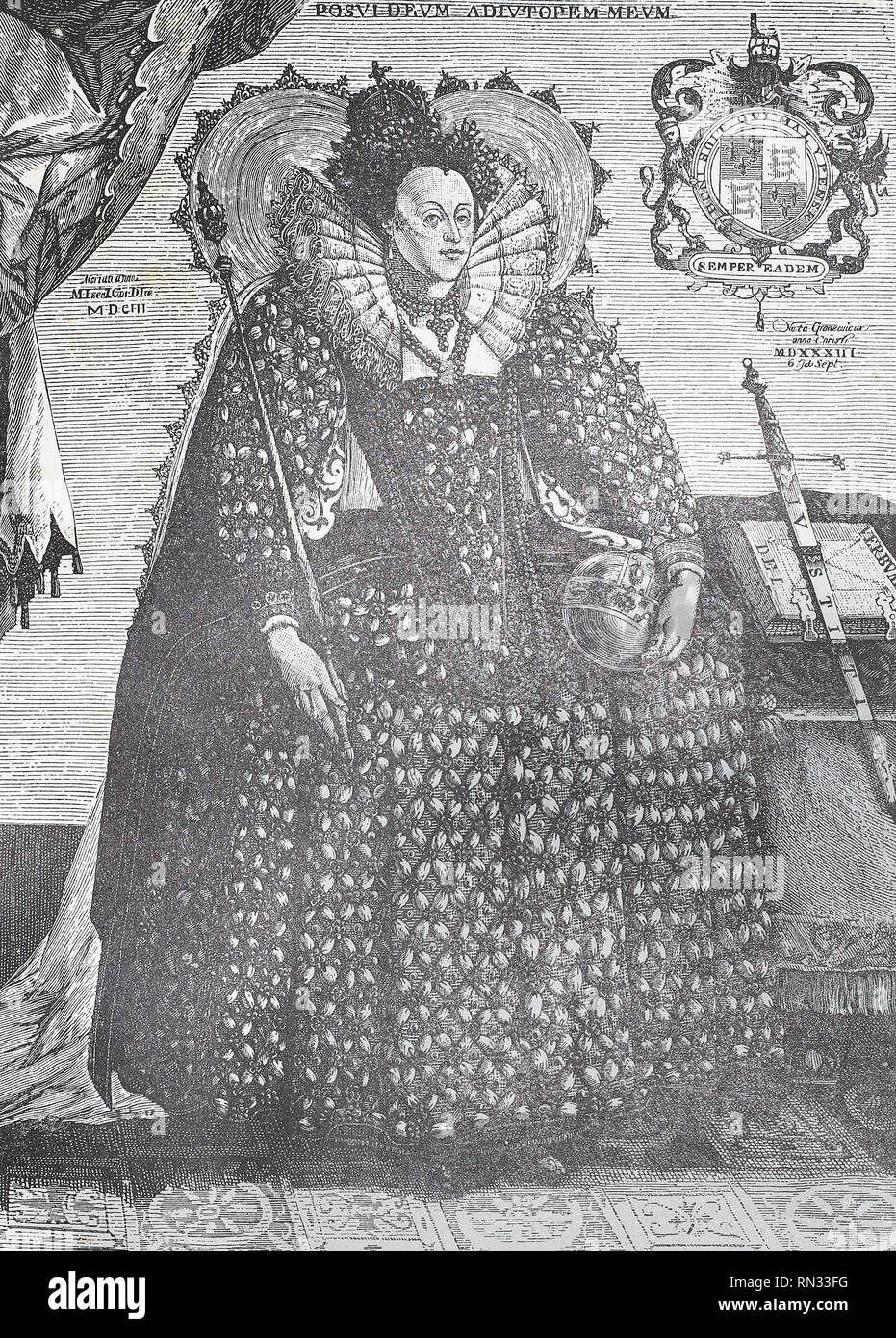 La regina Elisabetta d'Inghilterra in royal costumi. Incisione medievale Foto Stock