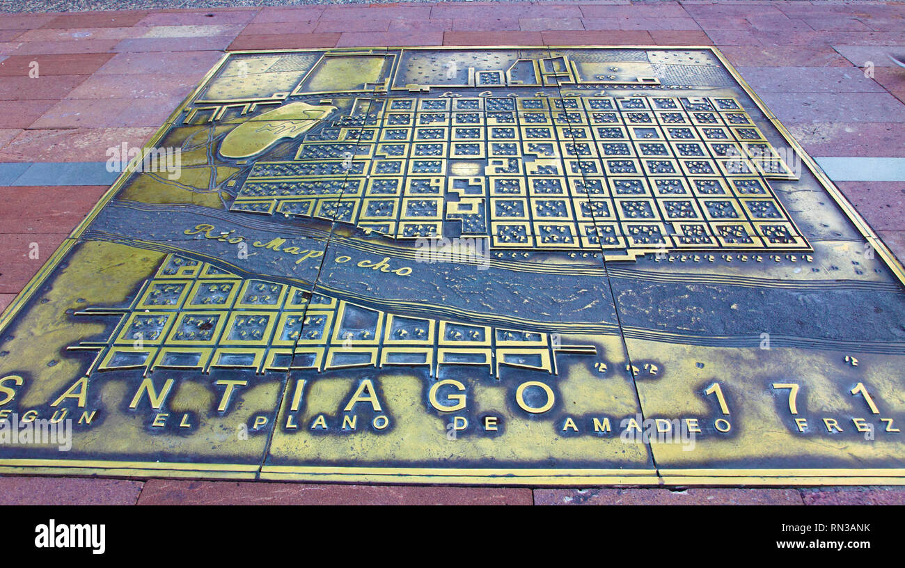 Il Cile, Santiago, old city plan sul marciapiede, Foto Stock