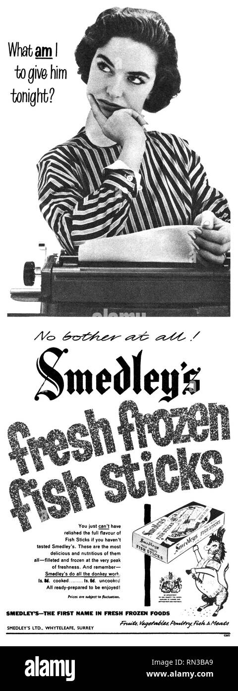 1957 British pubblicità per Smedley fresco congelato bastoncini di pesce. Foto Stock