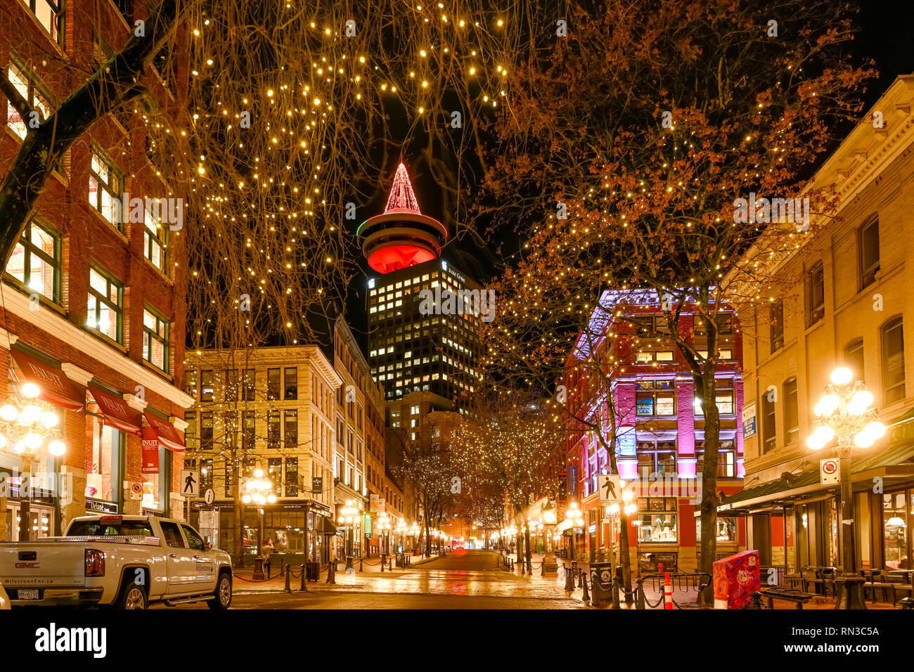 Notte, acqua Street, Gastown, Vancouver, British Columbia, Canada Foto Stock