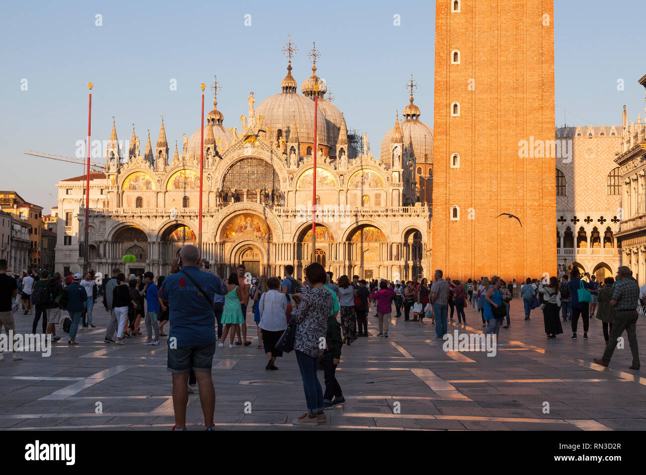 Piazza San Marco e Basilica di San Marco al tramonto, Venezia, Veneto, Italia durante l ora d'oro con i turisti in primo piano Foto Stock