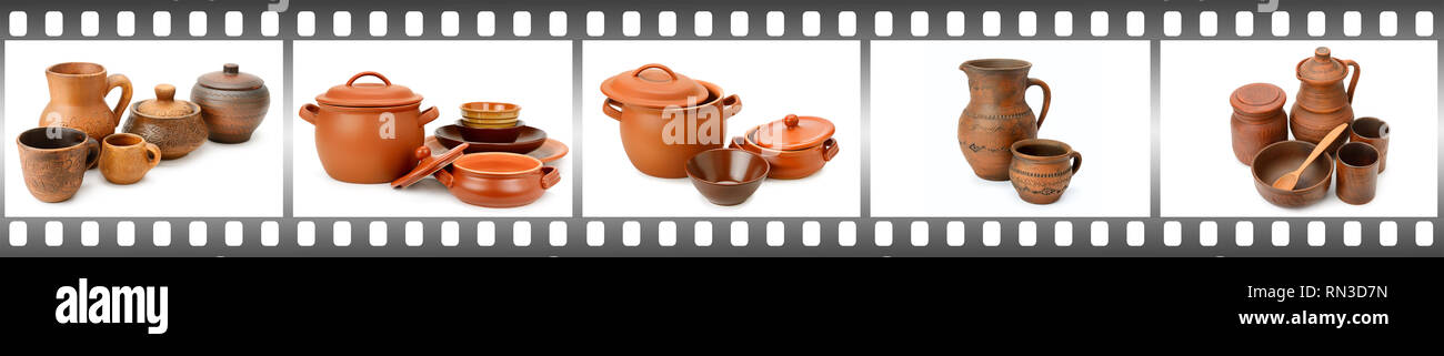 Di argilla, ceramica Vasellame isolati su sfondo bianco in frame in forma pellicola. Foto Stock