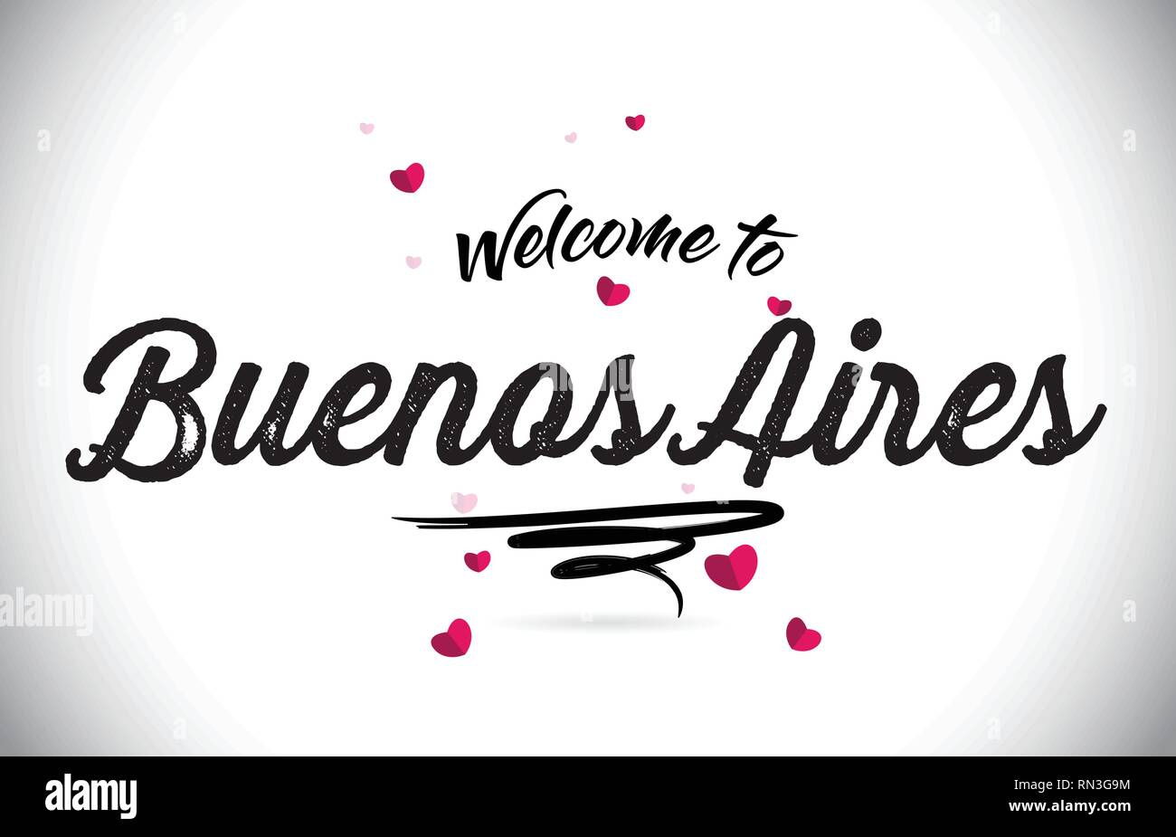 BuenosAires Benvenuti alla parola del testo con caratteri scritti a mano e cuore rosa forma Design illustrazione vettoriale. Illustrazione Vettoriale