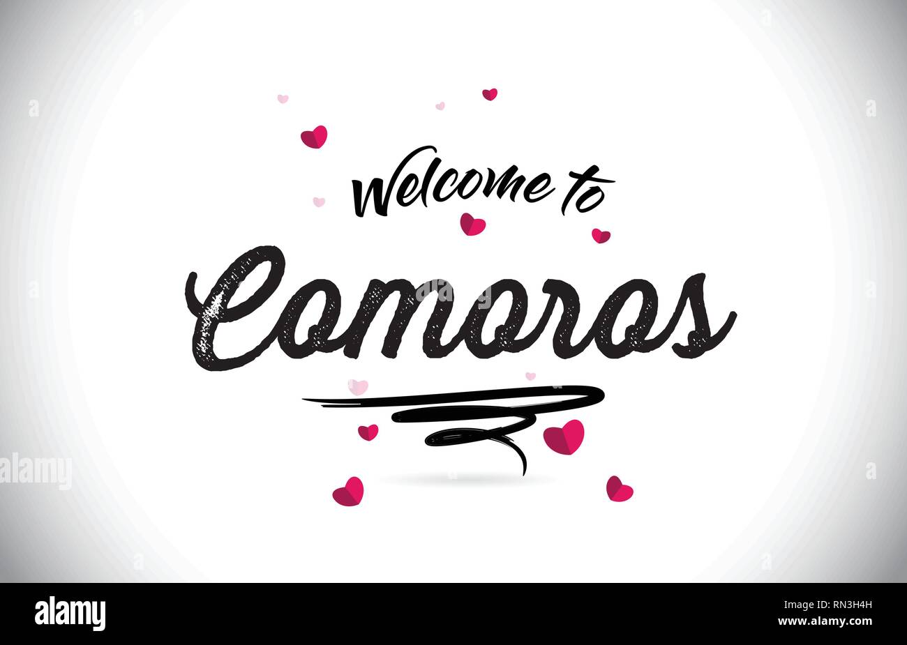 Comore Benvenuti alla parola del testo con caratteri scritti a mano e cuore rosa forma Design illustrazione vettoriale. Illustrazione Vettoriale