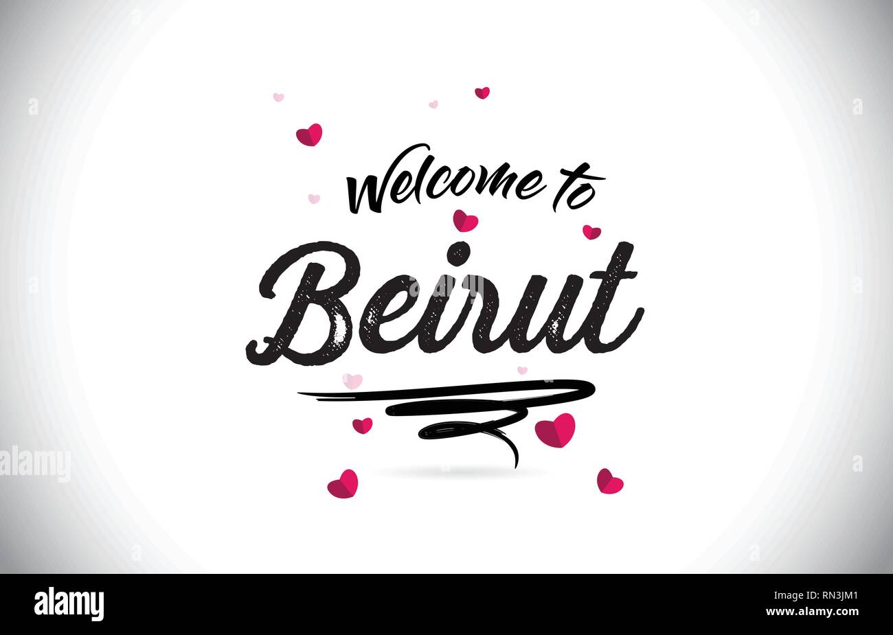 Beirut Benvenuti alla parola del testo con caratteri scritti a mano e cuore rosa forma Design illustrazione vettoriale. Illustrazione Vettoriale