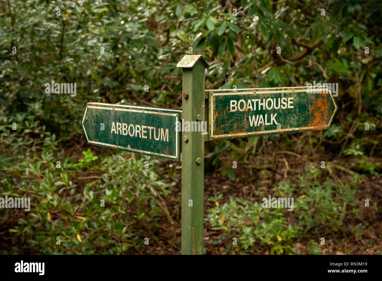 Arboretum and Boathouse Walk Direction post fingerpost at Muckross House and Gardens in Killarney National Park, County Kerry, Irlanda Foto Stock