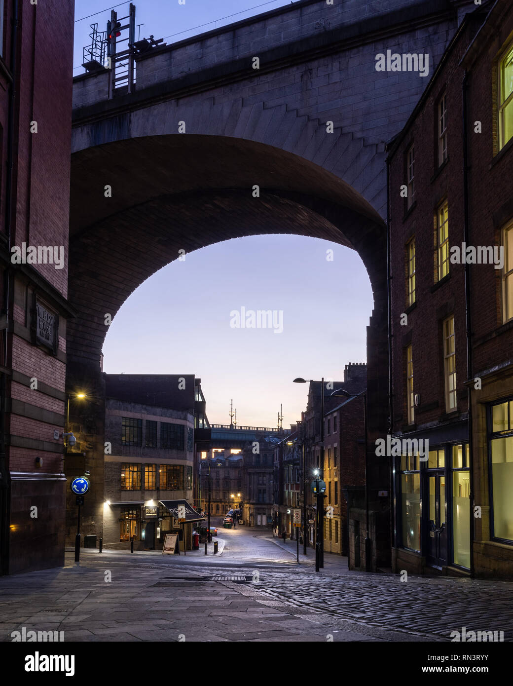 Newcastle, England, Regno Unito - 5 Febbraio 2019: la costa Est Mainline ferrovia attraversa un viadotto alto sopra le strade e le case di Newcastle la vecchia banchina Foto Stock