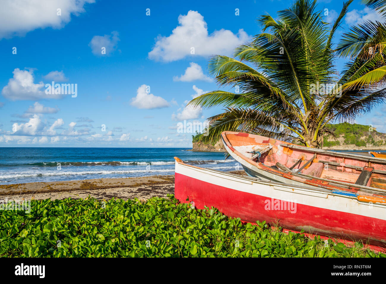 Caraibi Martinica spiaggia accanto a tradizionali barche da pesca Foto Stock