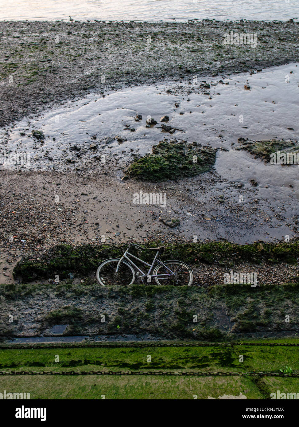 Un biciclette giace abbandonata nel fango appartamenti accanto al Fiume Tamigi a Battersea Park nella zona ovest di Londra. Foto Stock